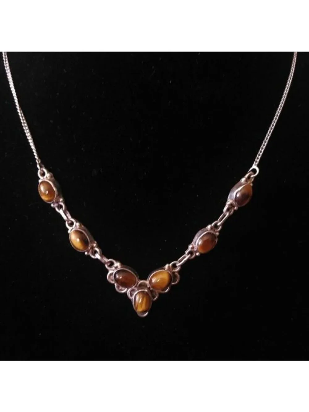Sterling Silver + Tigers Eye V shaped Station Necklace, 18
